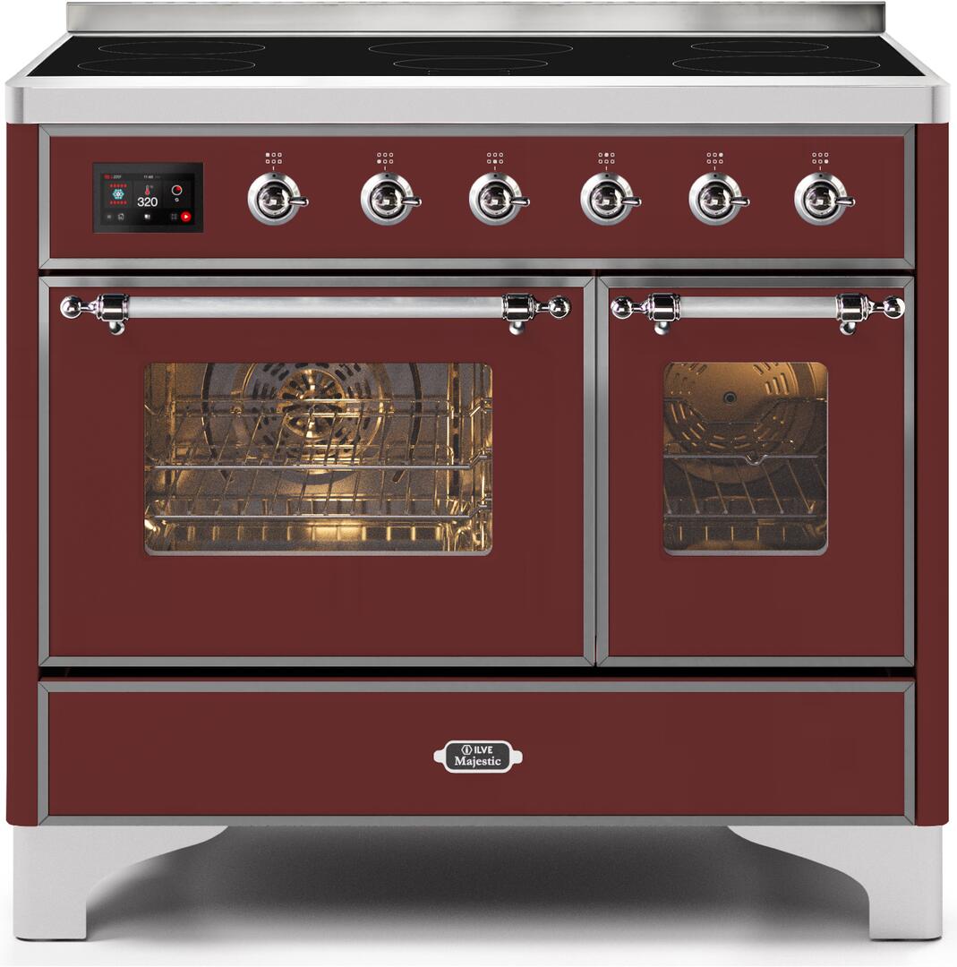 Ilve UMDI10NS3BUC Majestic Ii 40 Inch Electric Freestanding Range In Burgundy With Chrome Trim