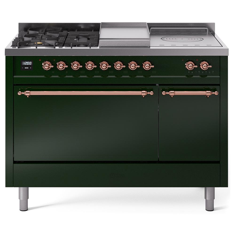 Ilve UP48FSQNMPEGPLP Ilve Nostalgie Ii 48 Up48Fsqnmpegp Freestanding Dual Fuel Range With 5 Sealed Burners And French Top Double Oven With Solid Door In Emerald Green With Copper Knobs