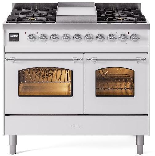 Ilve UPD40FNMPWHC Nostalgie Ii 40 Inch Dual Fuel Natural Gas Freestanding Range In White With Chrome Trim