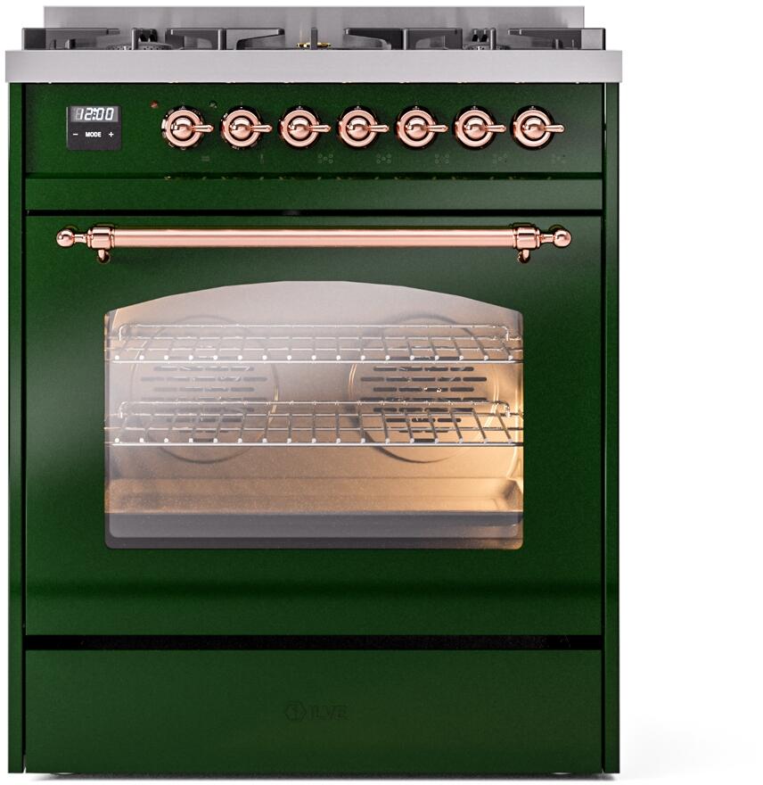 Ilve UP30NMPEGPLP Nostalgie Ii 30 Inch Dual Fuel Liquid Propane Freestanding Range In Emerald Green With Copper Trim