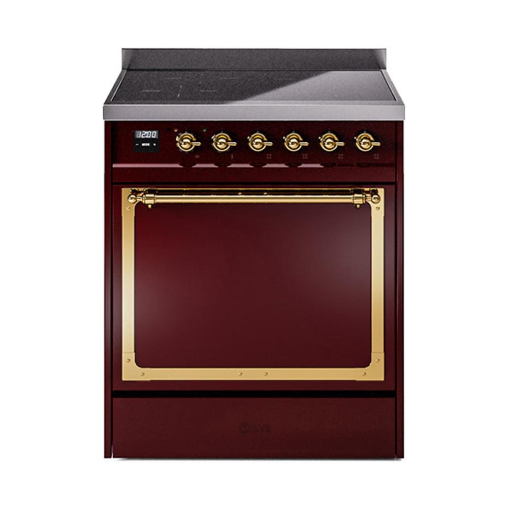 Ilve UNI304QNMPBUG Ilve Uni304Qnmpbug Nostalgie Ii Noblesse 30" Induction Range (Solid Door, Burgundy, Brass)