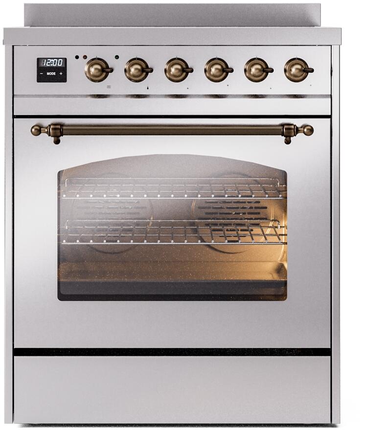 Ilve UPI304NMPSSB Nostalgie Ii 30 Inch Electric Freestanding Range In Stainless Steel With Bronze Trim