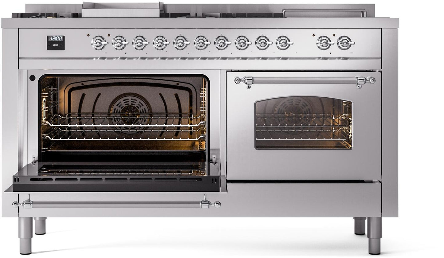 Ilve UP60FSNMPSSC Nostalgie Ii 60 Inch Dual Fuel Natural Gas Freestanding Range In Stainless Steel With Chrome Trim