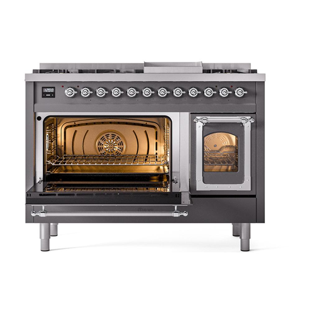 Ilve UN48FNMPMGCLP Ilve Un48Fnmpmgclp Nostalgie Ii Noblesse 48" Dual Fuel Range (8 Sealed Burners + Griddle, Liquid Propane, Triple Glass Door, Graphite Matte, Chrome)