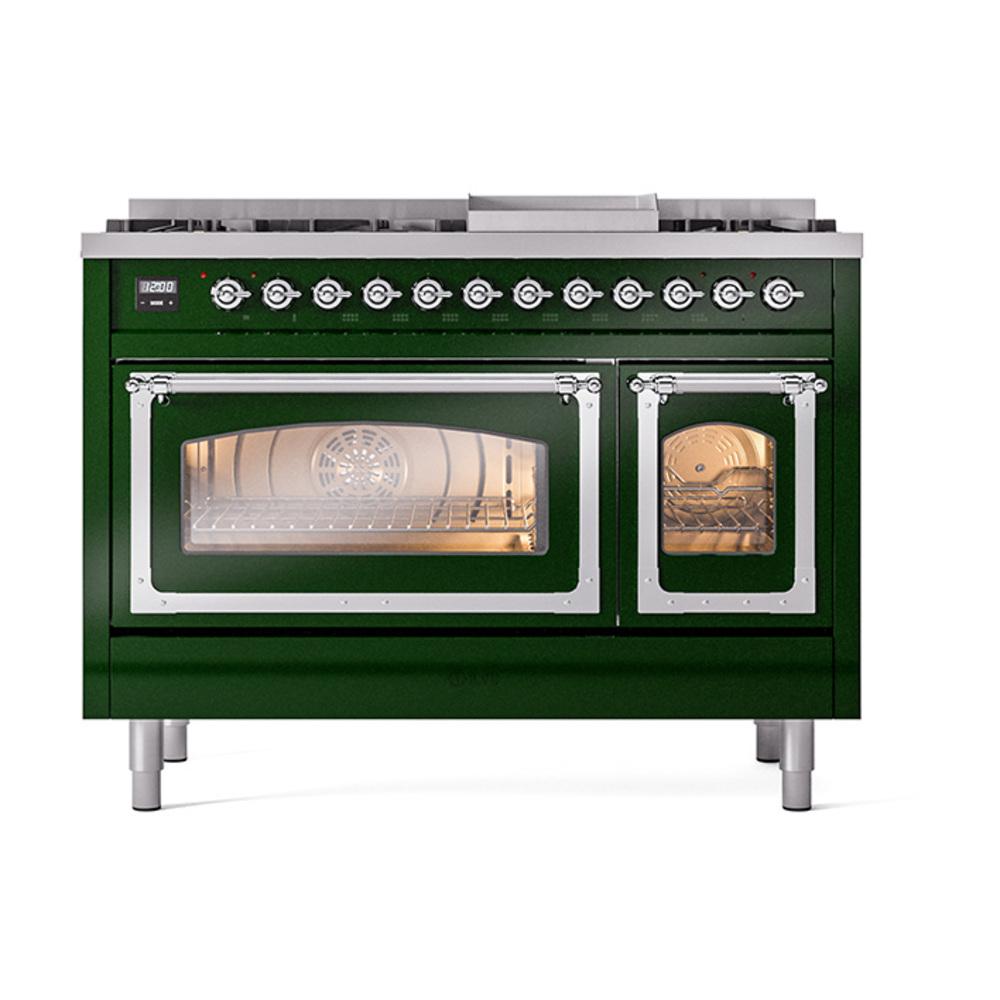 Ilve UN48FNMPEGCLP Ilve Un48Fnmpegclp Nostalgie Ii Noblesse 48" Dual Fuel Range (8 Sealed Burners + Griddle, Liquid Propane, Triple Glass Door, Emerald Green, Chrome)