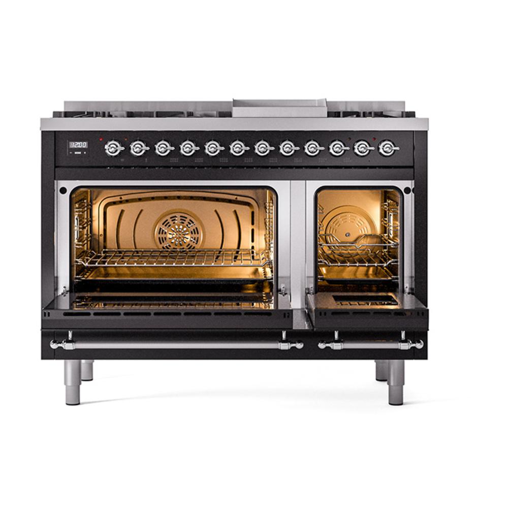 Ilve UN48FNMPBKCLP Ilve Un48Fnmpbkclp Nostalgie Ii Noblesse 48" Dual Fuel Range (8 Sealed Burners + Griddle, Liquid Propane, Triple Glass Door, Glossy Black, Chrome)