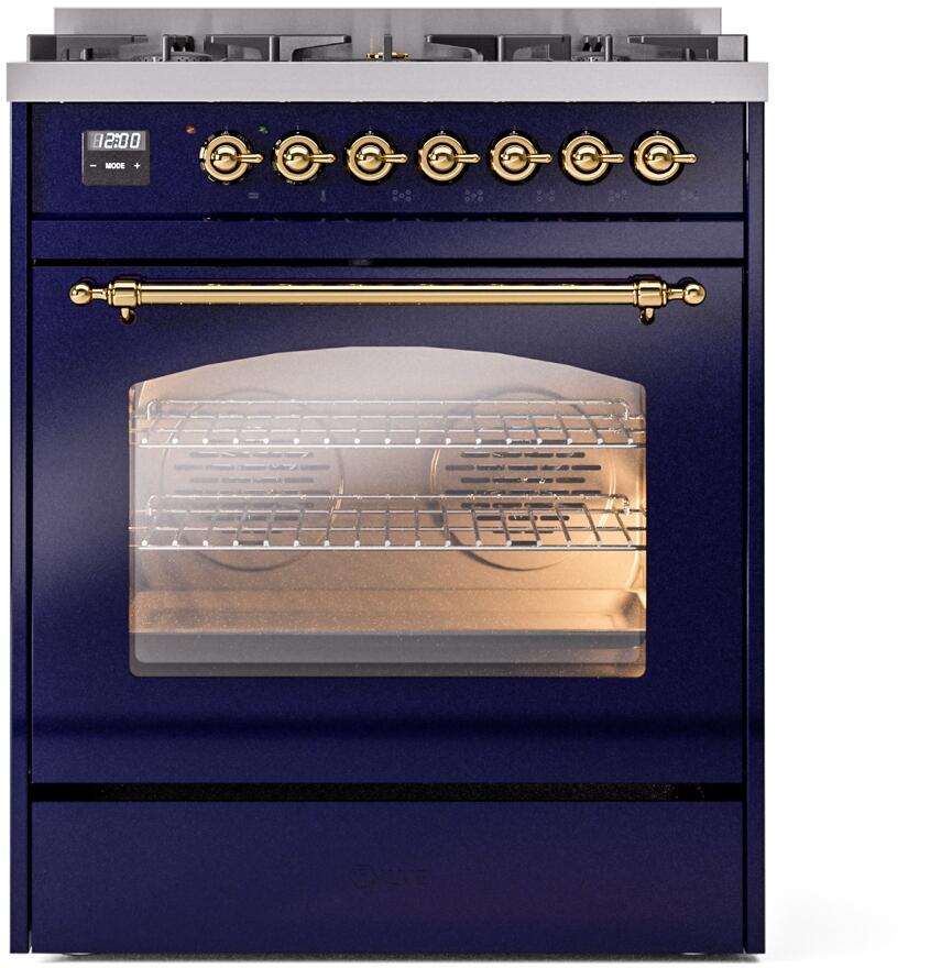 Ilve UP30NMPMBGLP Nostalgie Ii 30 Inch Dual Fuel Liquid Propane Freestanding Range In Blue With Brass Trim