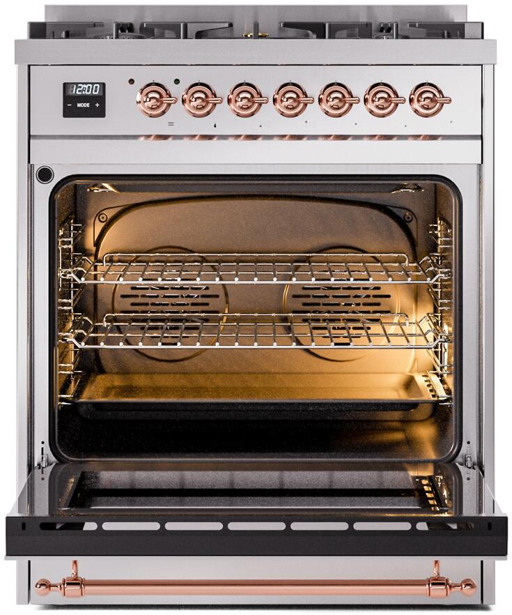 Ilve UP30NMPSSPLP Nostalgie Ii 30 Inch Dual Fuel Liquid Propane Freestanding Range In Stainless Steel With Copper Trim