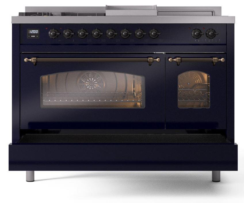 Ilve UP48FSNMPMBB Nostalgie Ii 48 Inch Dual Fuel Natural Gas Freestanding Range In Blue With Bronze Trim