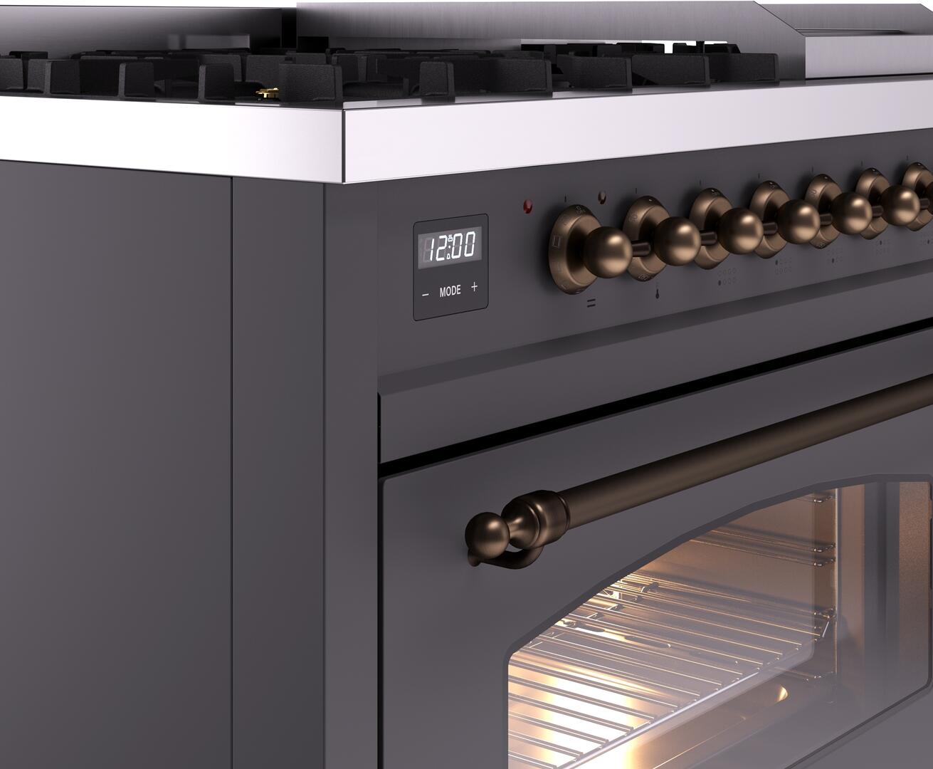 Ilve UP48FNMPMGB Nostalgie Ii 48 Inch Dual Fuel Natural Gas Freestanding Range In Matte Graphite With Bronze Trim