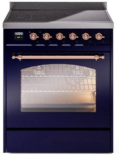 Ilve UPI304NMPMBP Nostalgie Ii 30 Inch Electric Freestanding Range In Blue With Copper Trim