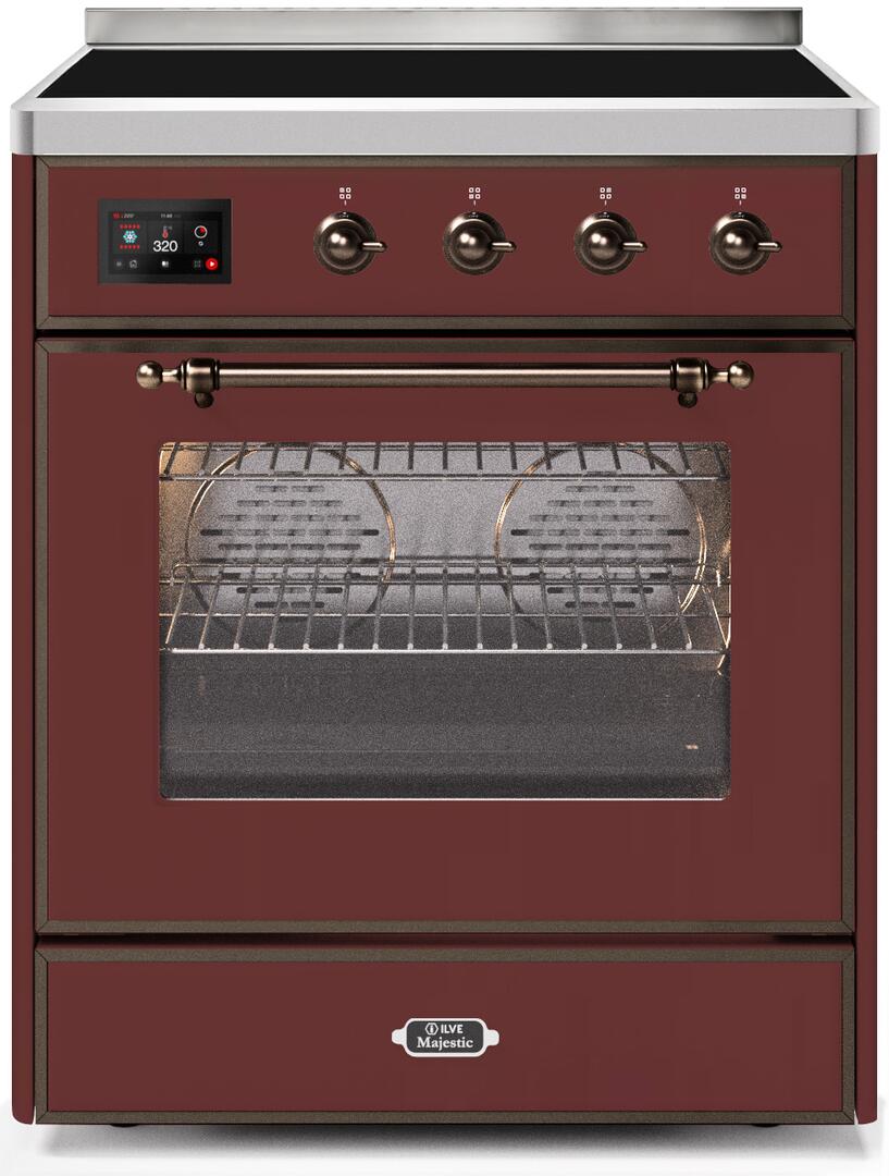 Ilve UMI30NE3BUB Majestic Ii 30 Inch Electric Freestanding Range In Burgundy With Bronze Trim