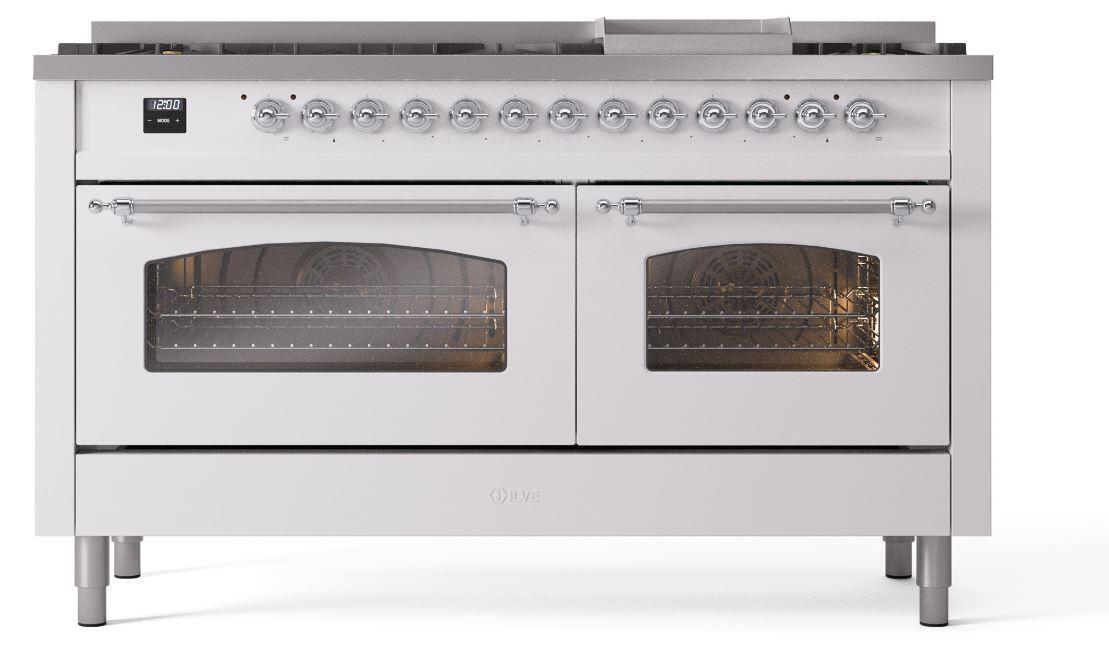 Ilve UP60FNMPWHCLP Nostalgie Ii 60 Inch Dual Fuel Liquid Propane Freestanding Range In White With Chrome Trim