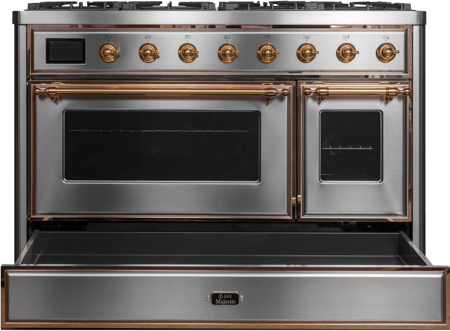 Ilve UM12FDNS3SSGLP Majestic Ii 48 Inch Dual Fuel Liquid Propane Freestanding Range In Stainless Steel With Brass Trim