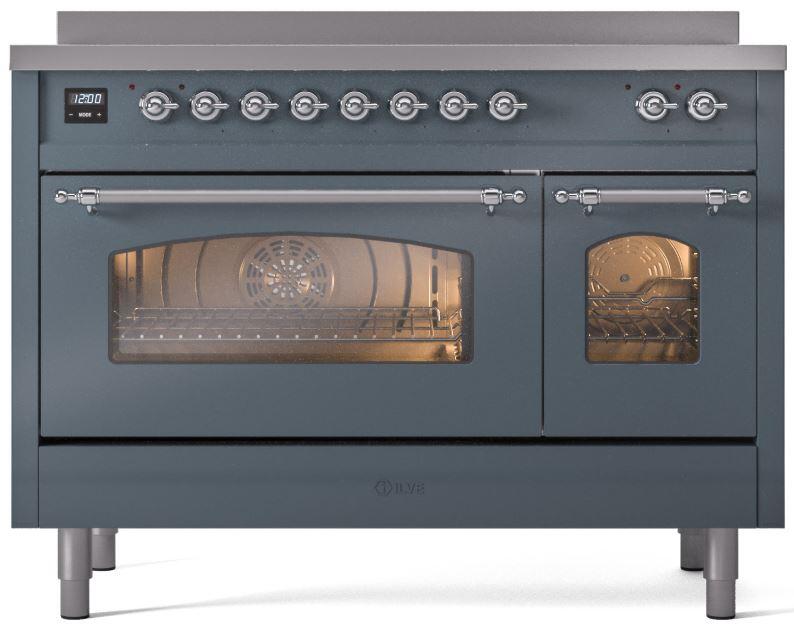 Ilve UPI486NMPBGC Nostalgie Ii 48 Inch Electric Freestanding Range In Blue Grey With Chrome Trim