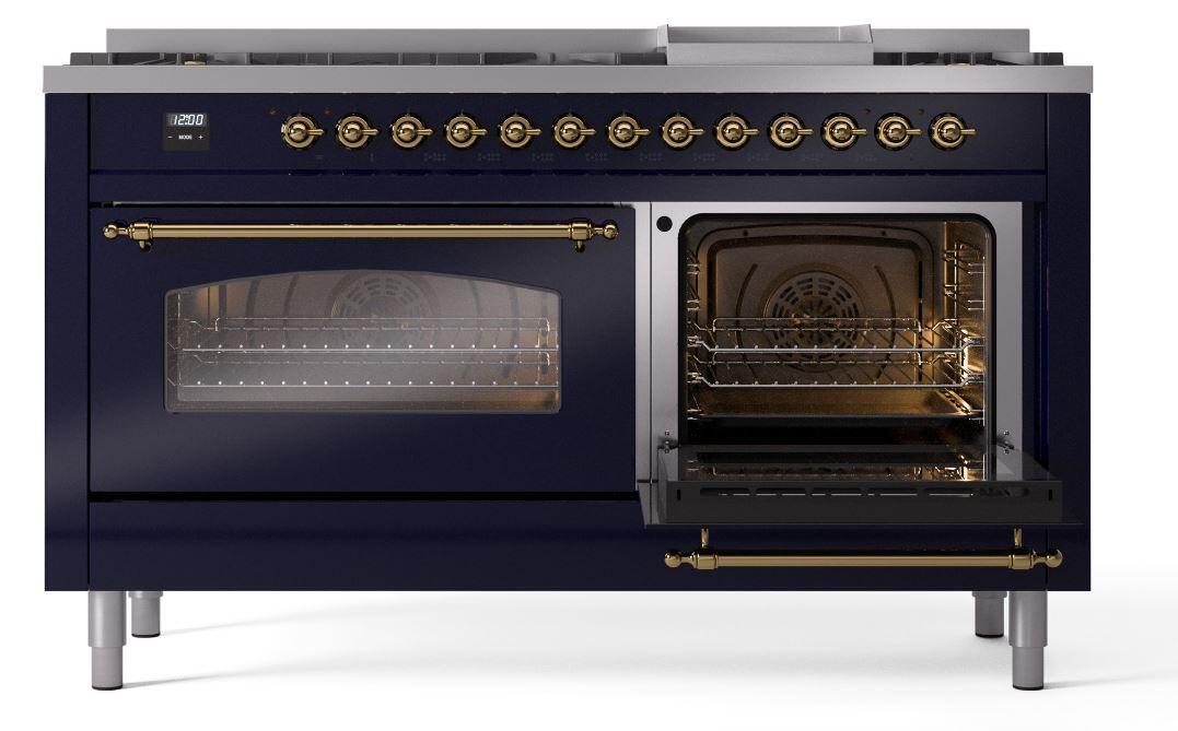 Ilve UP60FNMPMBG Nostalgie Ii 60 Inch Dual Fuel Natural Gas Freestanding Range In Blue With Brass Trim