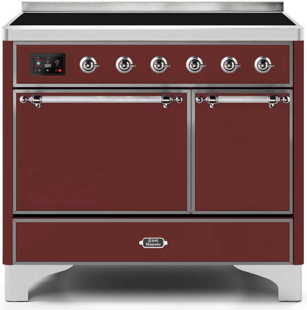 Ilve UMDI10QNS3BUC Majestic Ii 40 Inch Electric Freestanding Range In Burgundy With Chrome Trim