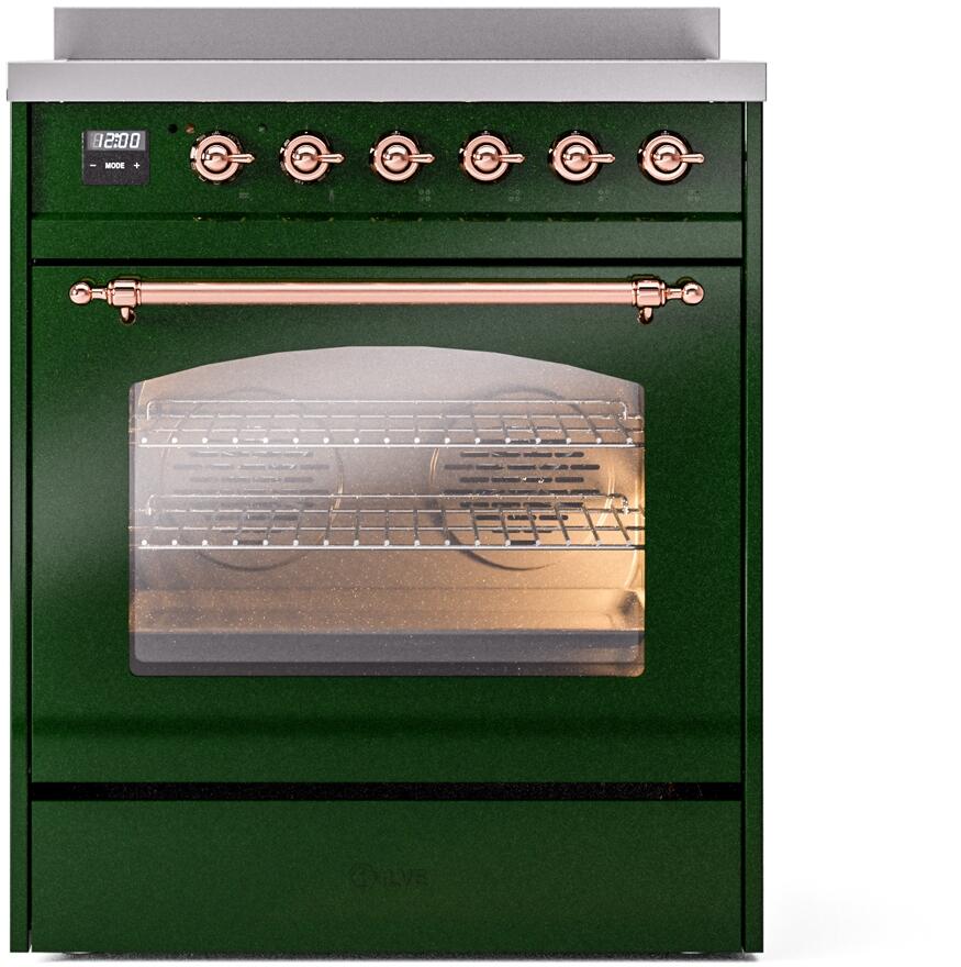 Ilve UPI304NMPEGP Nostalgie Ii 30 Inch Electric Freestanding Range In Emerald Green With Copper Trim