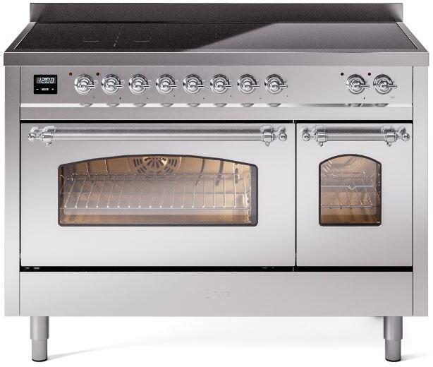 Ilve UPI486NMPSSC Nostalgie Ii 48 Inch Electric Freestanding Range In Stainless Steel With Chrome Trim