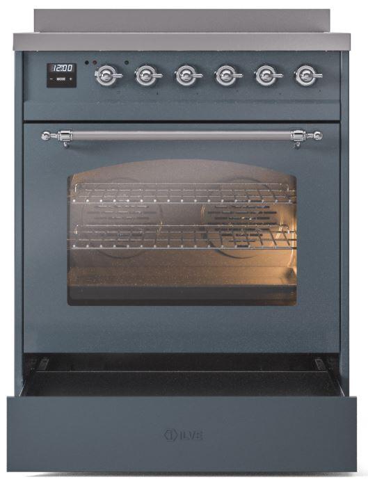 Ilve UPI304NMPBGC Nostalgie Ii 30 Inch Electric Freestanding Range In Blue Grey With Chrome Trim