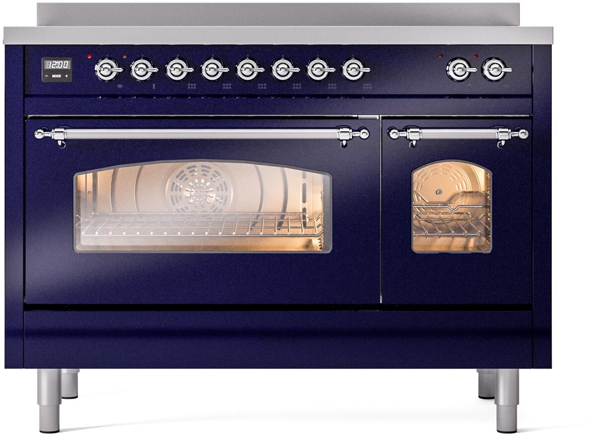 Ilve UPI486NMPMBC Nostalgie Ii 48 Inch Electric Freestanding Range In Blue With Chrome Trim