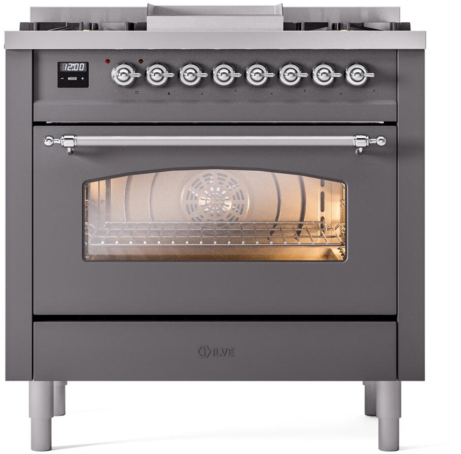 Ilve UP36FNMPMGCLP Nostalgie Ii 36 Inch Dual Fuel Liquid Propane Freestanding Range In Matte Graphite With Chrome Trim