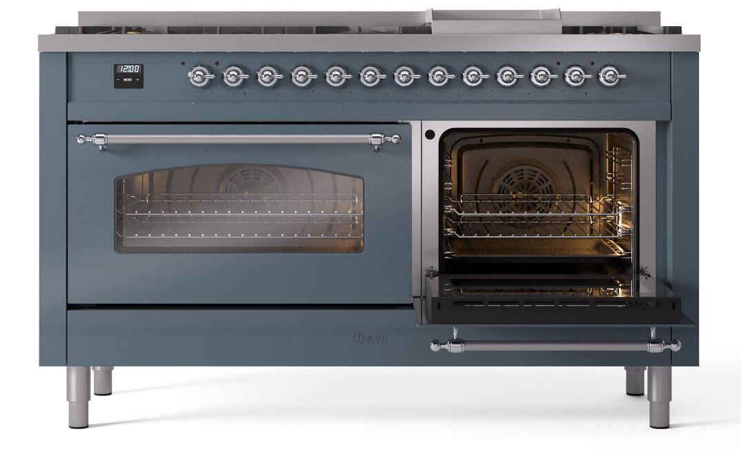 Ilve UP60FNMPBGC Nostalgie Ii 60 Inch Dual Fuel Natural Gas Freestanding Range In Blue Grey With Chrome Trim