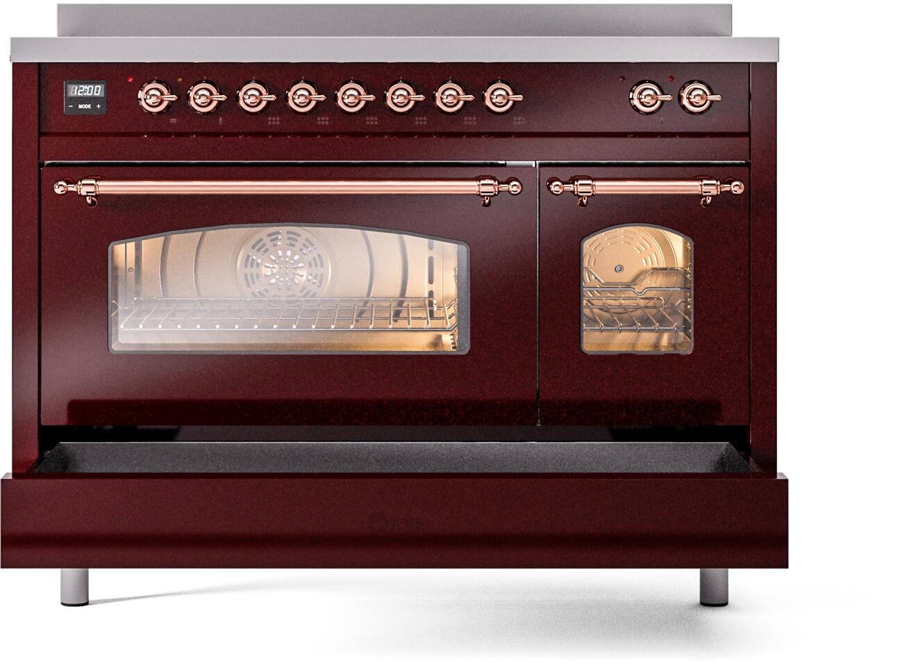 Ilve UPI486NMPBUP Nostalgie Ii 48 Inch Electric Freestanding Range In Burgundy With Copper Trim