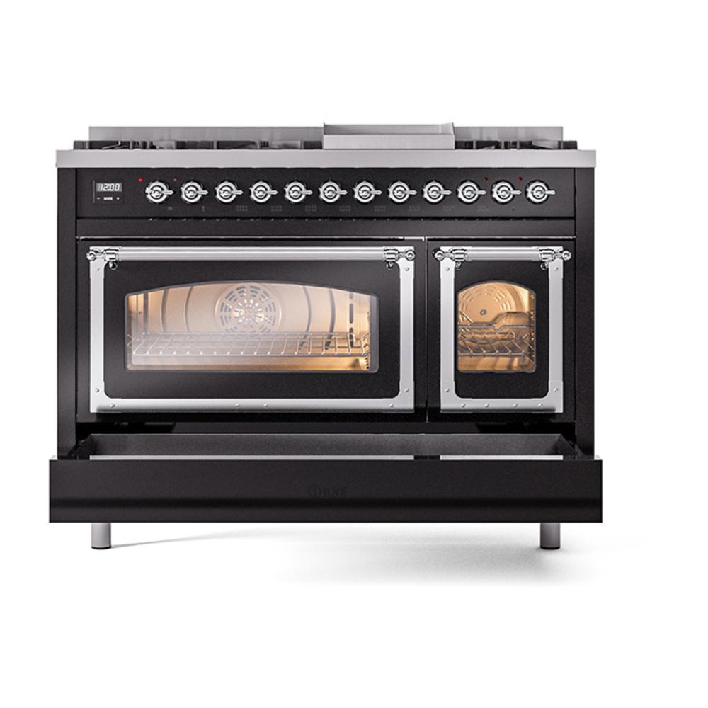 Ilve UN48FNMPBKCLP Ilve Un48Fnmpbkclp Nostalgie Ii Noblesse 48" Dual Fuel Range (8 Sealed Burners + Griddle, Liquid Propane, Triple Glass Door, Glossy Black, Chrome)