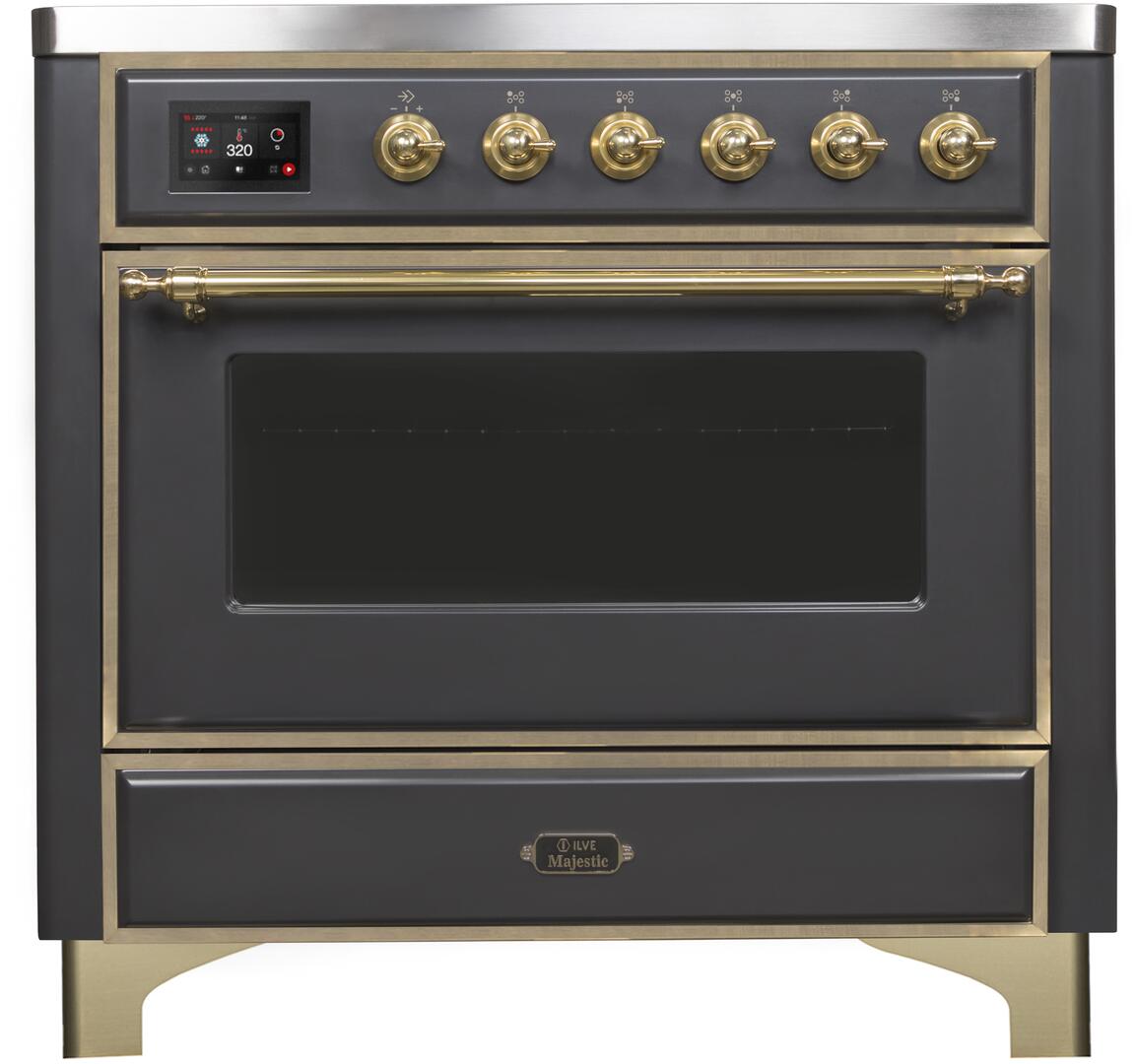 Ilve UMI09NS3MGG Majestic Ii 36 Inch Electric Freestanding Range In Matte Graphite With Brass Trim