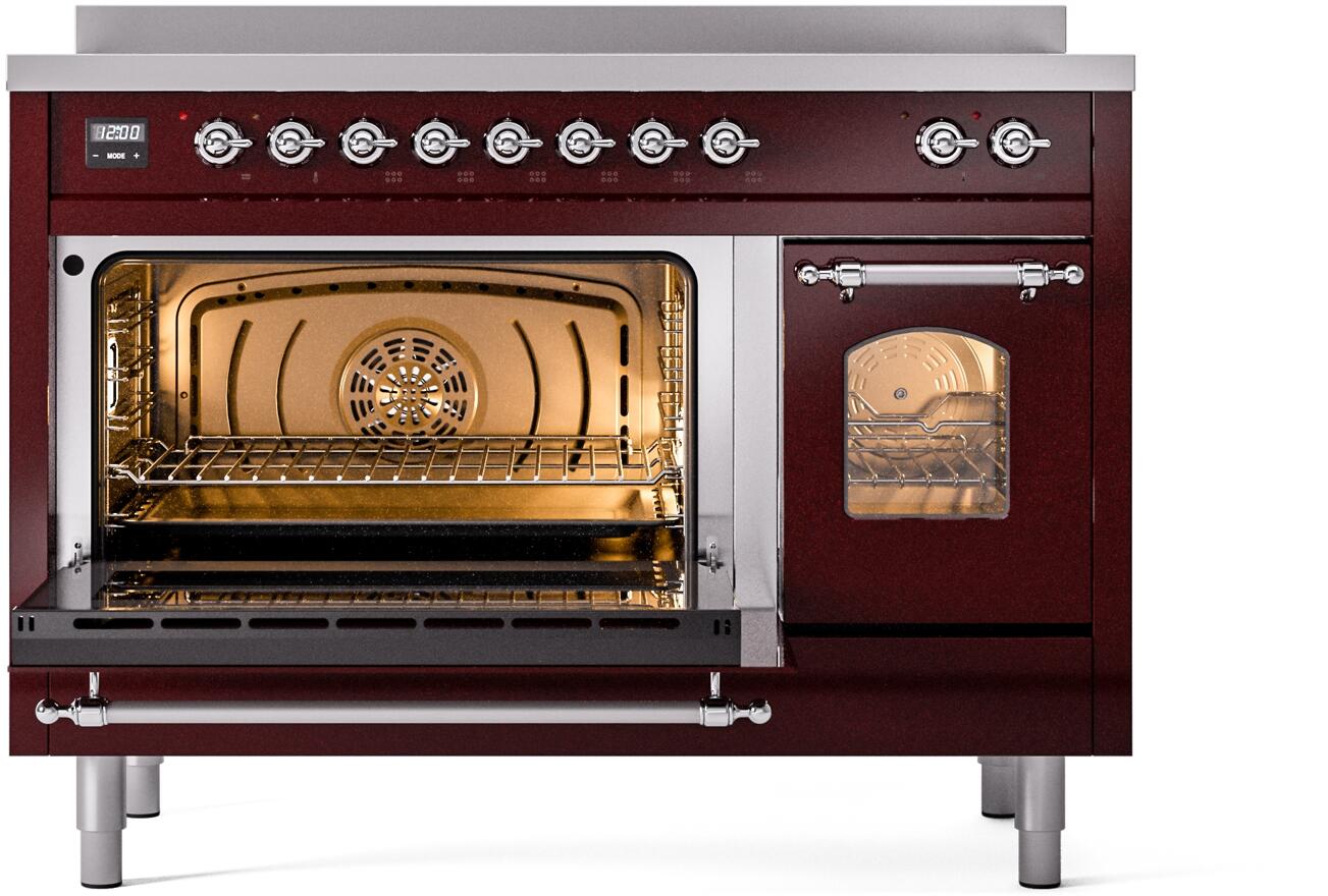 Ilve UPI486NMPBUC Nostalgie Ii 48 Inch Electric Freestanding Range In Burgundy With Chrome Trim