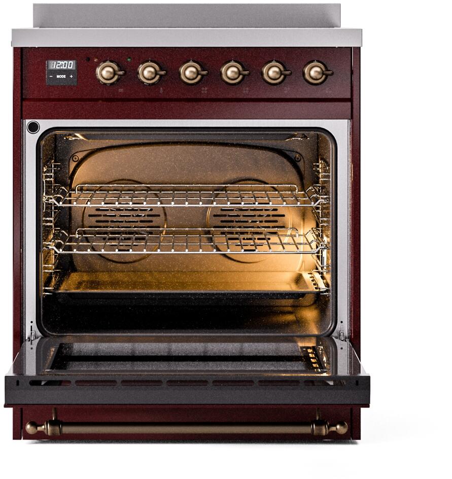 Ilve UPI304NMPBUB Nostalgie Ii 30 Inch Electric Freestanding Range In Burgundy With Bronze Trim