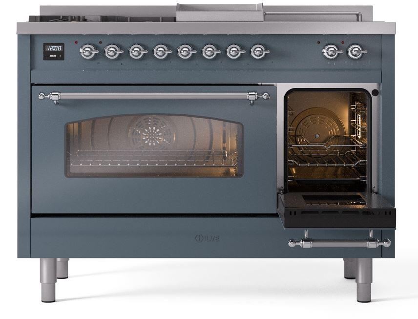 Ilve UP48FSNMPBGCLP Nostalgie Ii 48 Inch Dual Fuel Liquid Propane Freestanding Range In Blue Grey With Chrome Trim