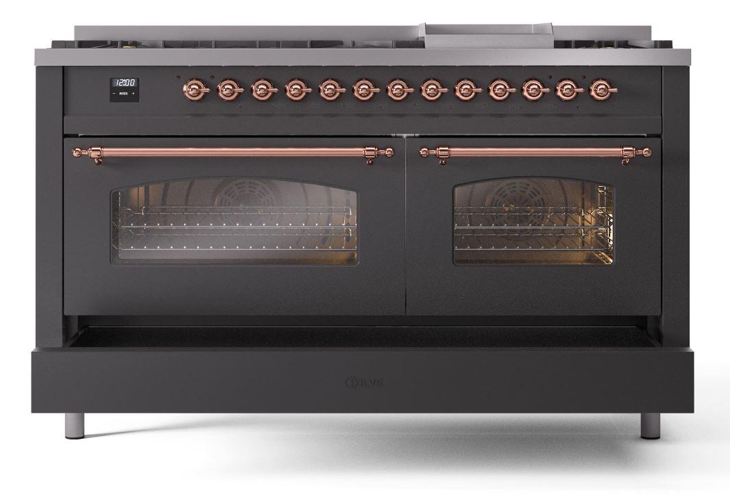 Ilve UP60FNMPMGPLP Nostalgie Ii 60 Inch Dual Fuel Liquid Propane Freestanding Range In Matte Graphite With Copper Trim