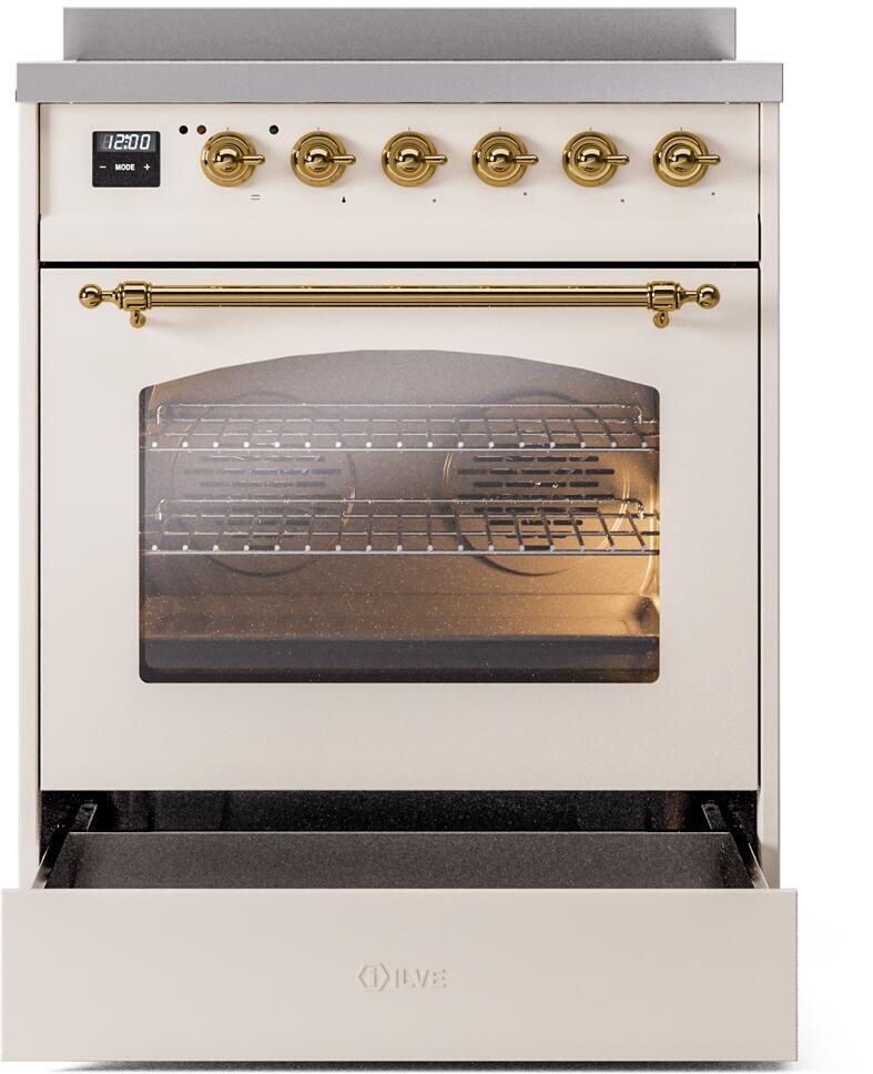 Ilve UPI304NMPAWG Nostalgie Ii 30 Inch Electric Freestanding Range In Antique White With Brass Trim