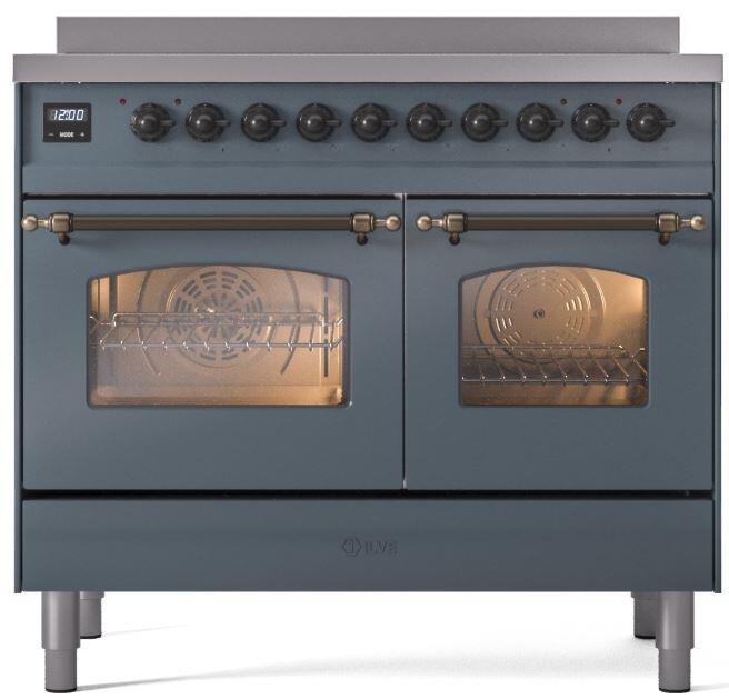 Ilve UPDI406NMPBGB Nostalgie Ii 40 Inch Electric Freestanding Range In Blue Grey With Bronze Trim