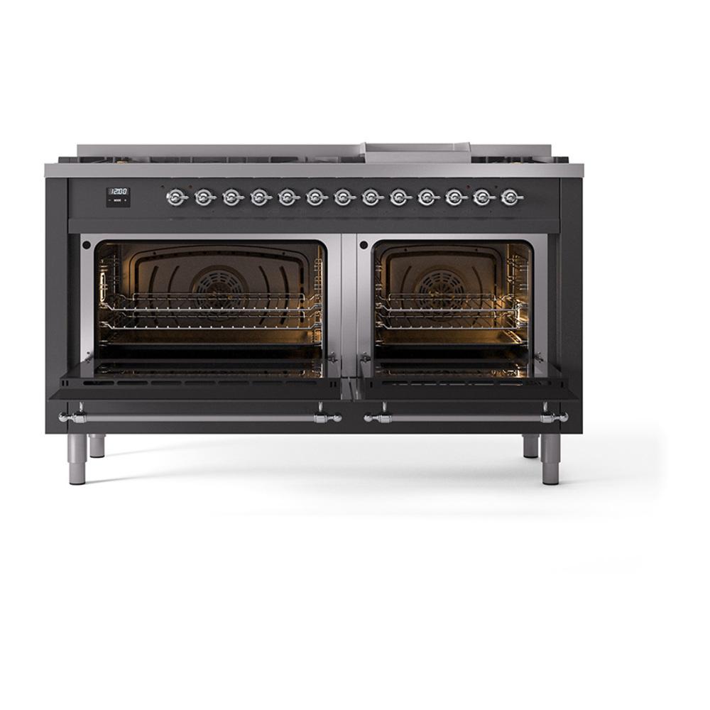 Ilve UN60FNMPMGC Ilve Un60Fnmpmgc Nostalgie Ii Noblesse 60" Dual Fuel Range (9 Sealed Burners + Griddle, Natural Gas, Triple Glass Door, Graphite Matte, Chrome)