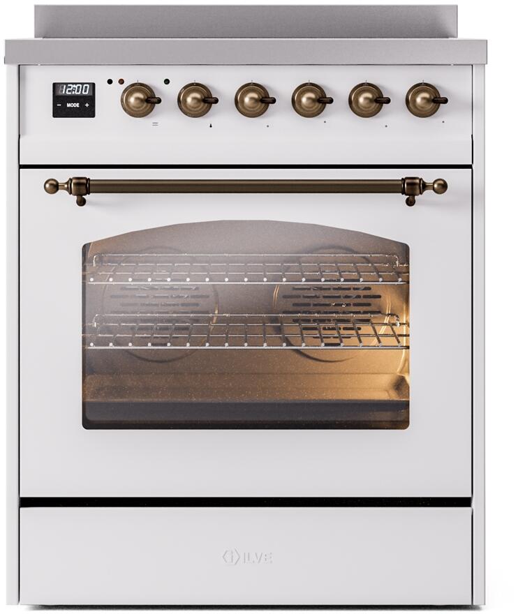 Ilve UPI304NMPWHB Nostalgie Ii 30 Inch Electric Freestanding Range In White With Bronze Trim