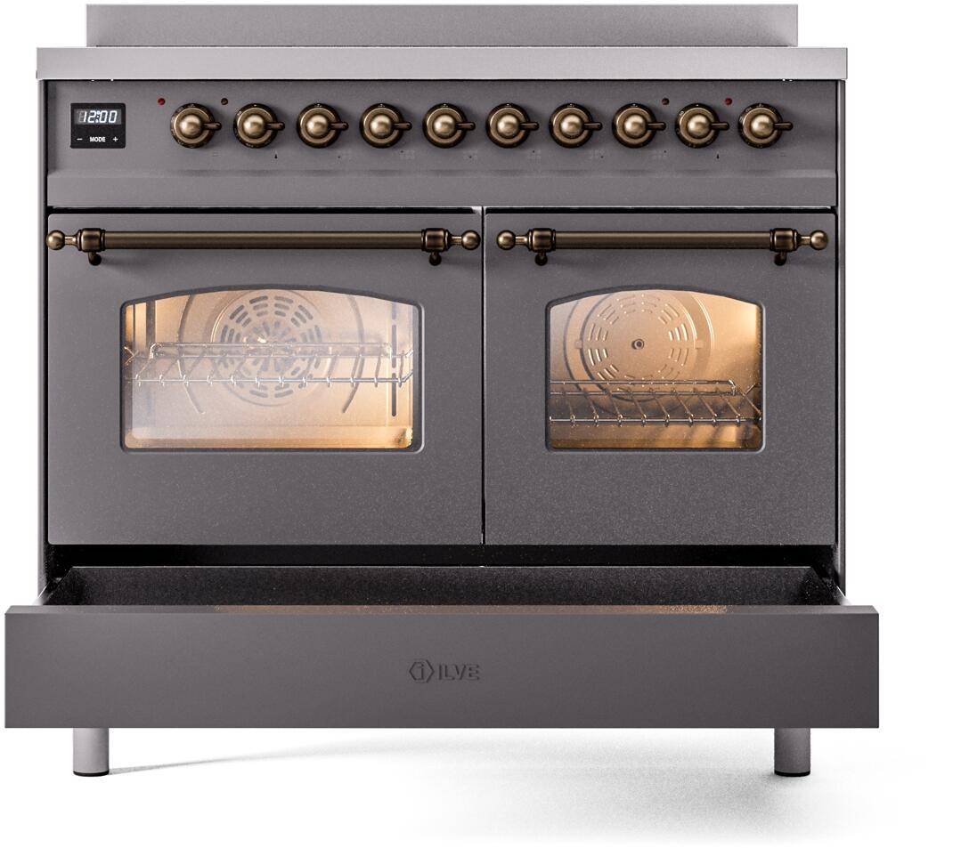 Ilve UPDI406NMPMGB Nostalgie Ii 40 Inch Electric Freestanding Range In Matte Graphite With Bronze Trim