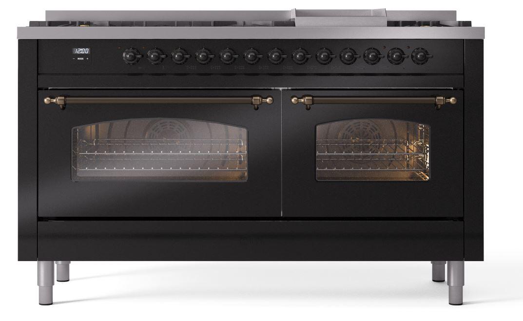 Ilve UP60FNMPBKBLP Nostalgie Ii 60 Inch Dual Fuel Liquid Propane Freestanding Range In Glossy Black With Bronze Trim