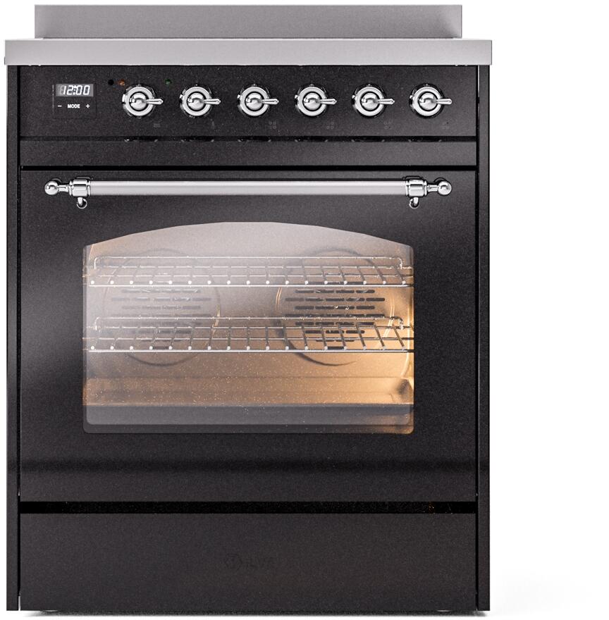 Ilve UPI304NMPBKC Nostalgie Ii 30 Inch Electric Freestanding Range In Glossy Black With Chrome Trim