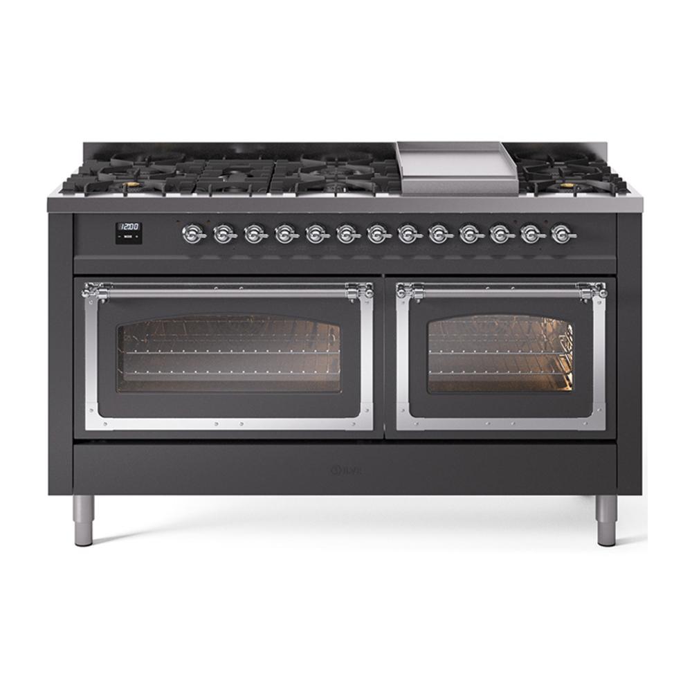 Ilve UN60FNMPMGC Ilve Un60Fnmpmgc Nostalgie Ii Noblesse 60" Dual Fuel Range (9 Sealed Burners + Griddle, Natural Gas, Triple Glass Door, Graphite Matte, Chrome)