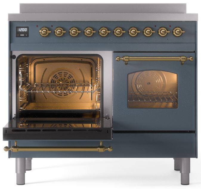 Ilve UPDI406NMPBGG Nostalgie Ii 40 Inch Electric Freestanding Range In Blue Grey With Brass Trim