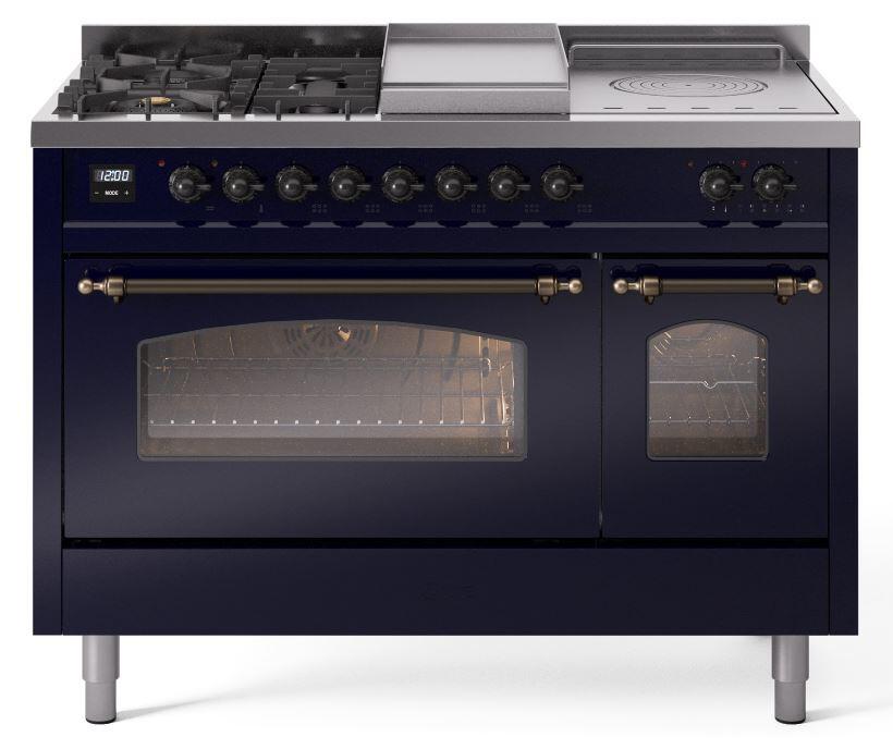 Ilve UP48FSNMPMBB Nostalgie Ii 48 Inch Dual Fuel Natural Gas Freestanding Range In Blue With Bronze Trim