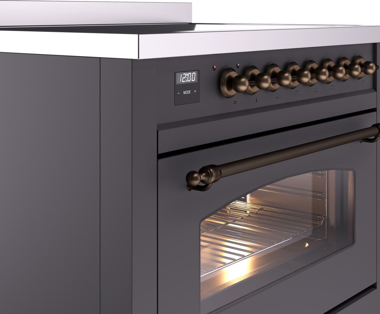 Ilve UPI366NMPMGB Nostalgie Ii 36 Inch Electric Freestanding Range In Matte Graphite With Bronze Trim