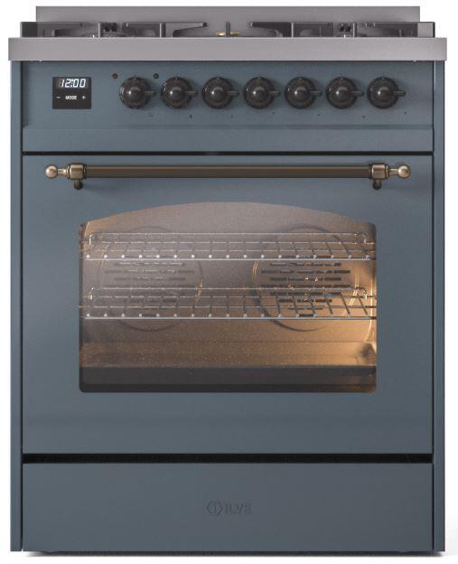 Ilve UP30NMPBGB Nostalgie Ii 30 Inch Dual Fuel Natural Gas Freestanding Range In Blue Grey With Bronze Trim