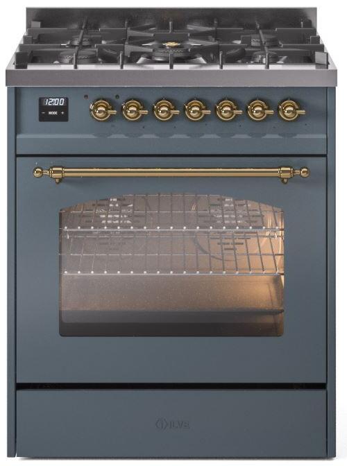 Ilve UP30NMPBGG Nostalgie Ii 30 Inch Dual Fuel Natural Gas Freestanding Range In Blue Grey With Brass Trim