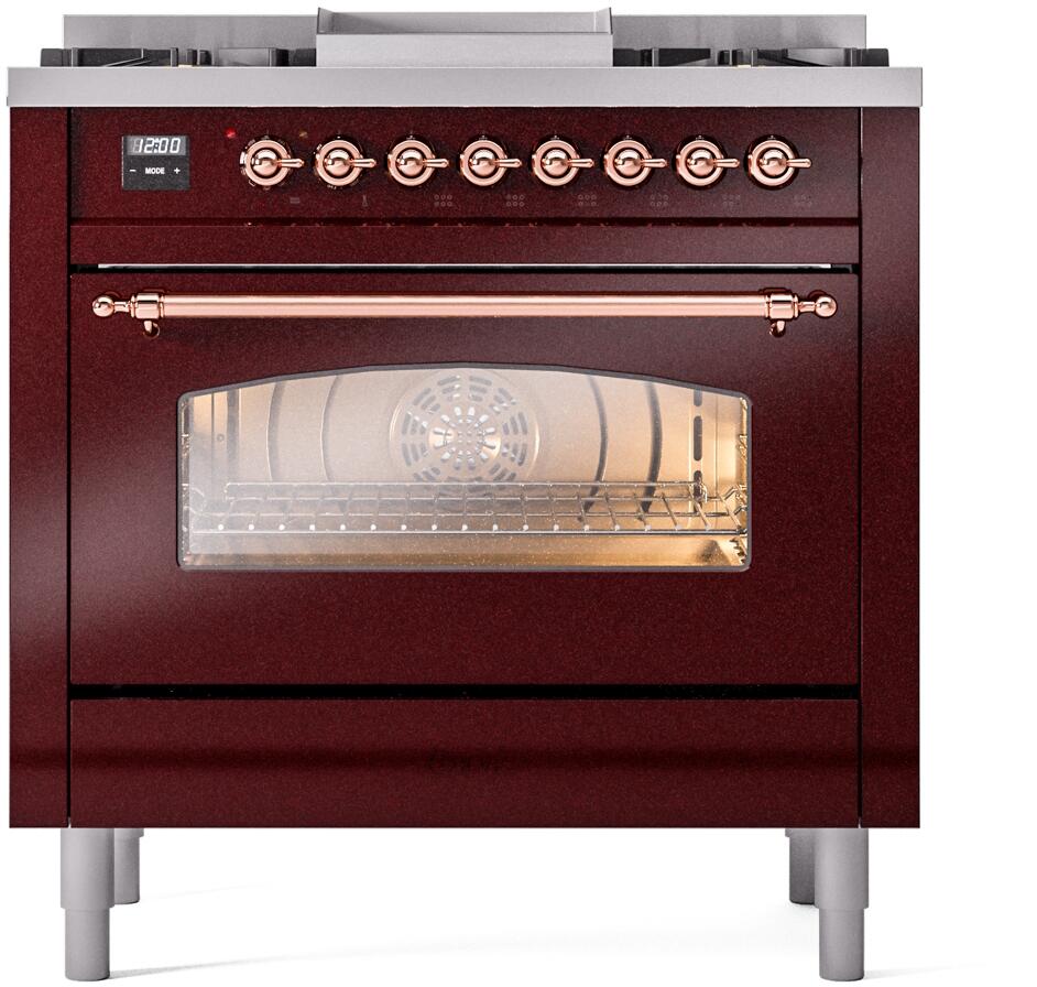 Ilve UP36FNMPBUP Nostalgie Ii 36 Inch Dual Fuel Natural Gas Freestanding Range In Burgundy With Copper Trim