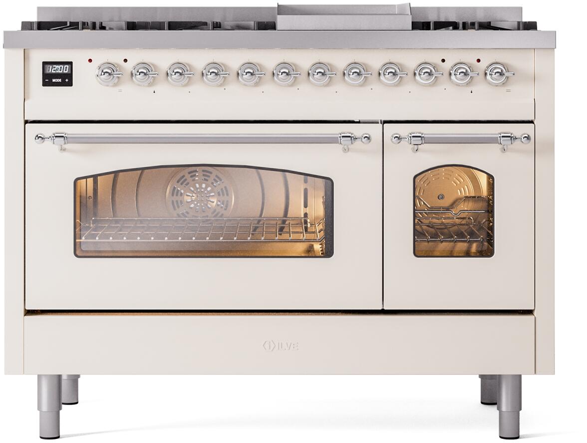 Ilve UP48FNMPAWCLP Nostalgie Ii 48 Inch Dual Fuel Liquid Propane Freestanding Range In Antique White With Chrome Trim