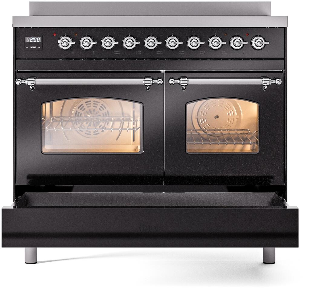 Ilve UPDI406NMPBKC Nostalgie Ii 40 Inch Electric Freestanding Range In Glossy Black With Chrome Trim